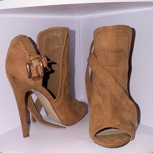 Brown Suede Peep Toe Stiletto Booties